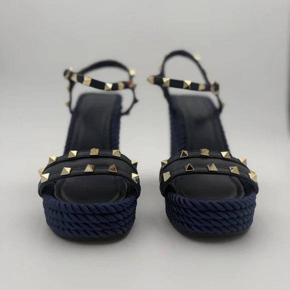 VALENTINO GARAVANI ROCKSTUD ROPE WEDGE SANDALS – NAVY - Picture 2 of 6
